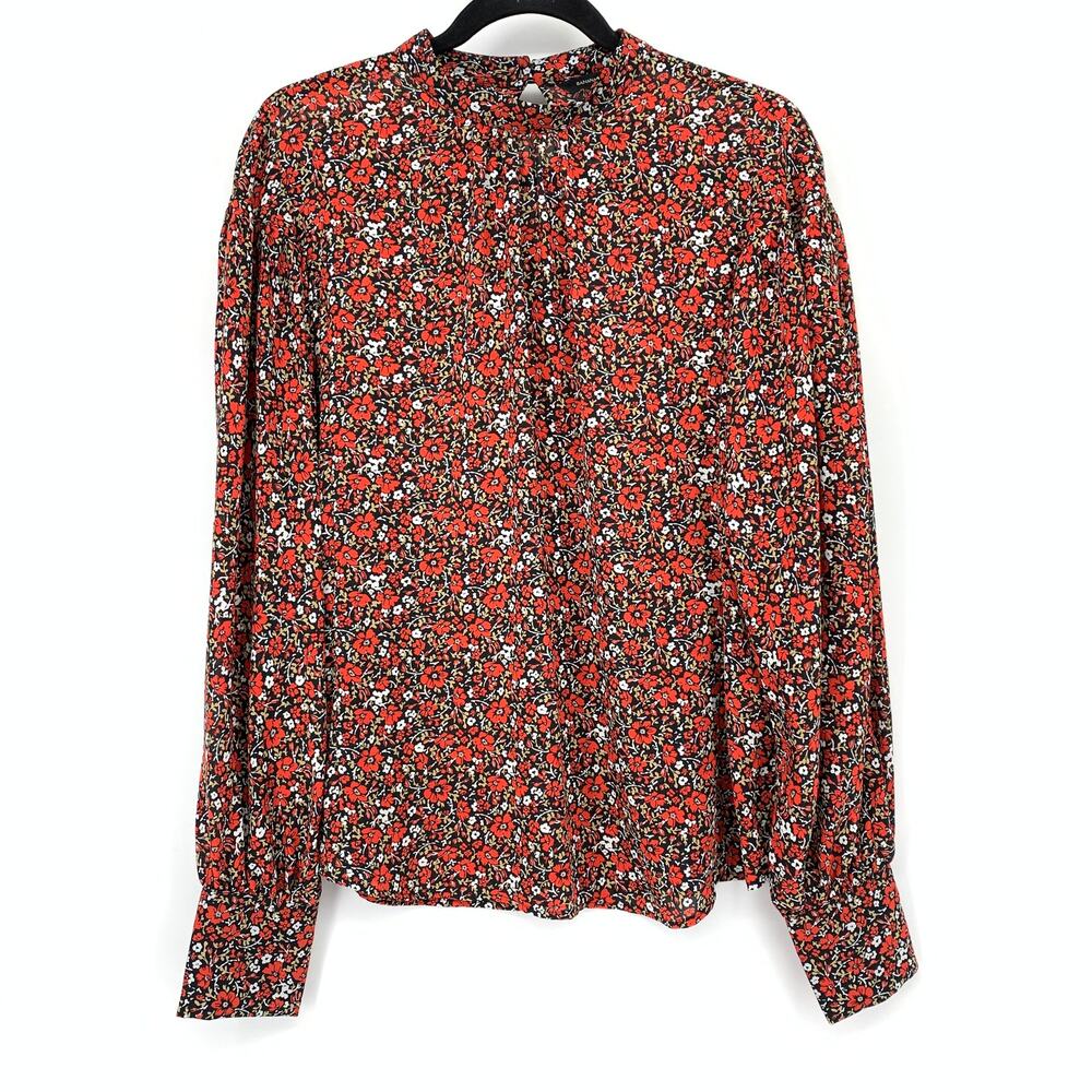 Banana Republic Long Sleeve High Neck Blouse Womens Size M Tall Red Floral Print